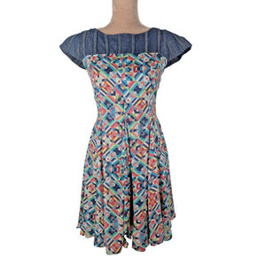 Anthropologie Eva Franco Midi Dress Mixed Media Denim Silk Sz 4 6 Geometric